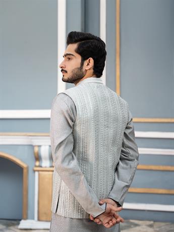Grey Embroidered Raw Silk Ladies Readymade