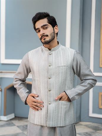 Grey Embroidered Raw Silk Ladies Readymade