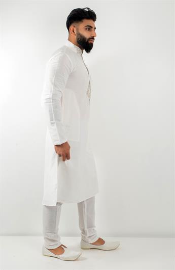 White kurta pajma with silver dhabki embroidery