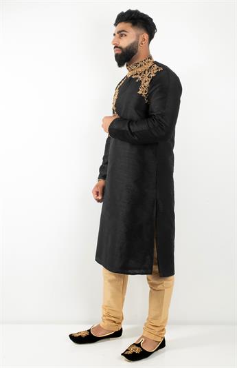 Black & Gold Kurta Pajma in Art Dupion with Embroidery
