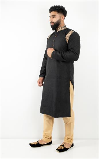 Black & Gold Kurta Pajma in Art Dupion with Embroidery