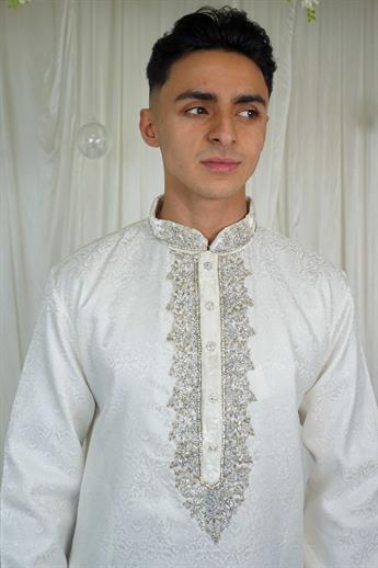 White & Silver Mens Kurta Pajama
