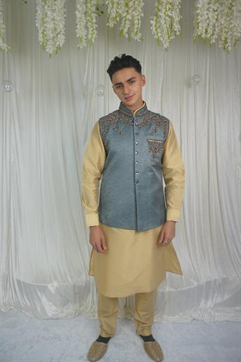 Mens grey waistcoat with grey and gold embroidery