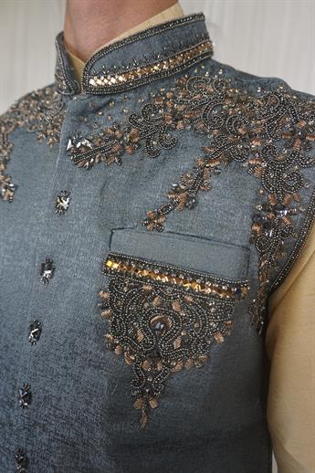 Mens grey waistcoat with grey and gold embroidery