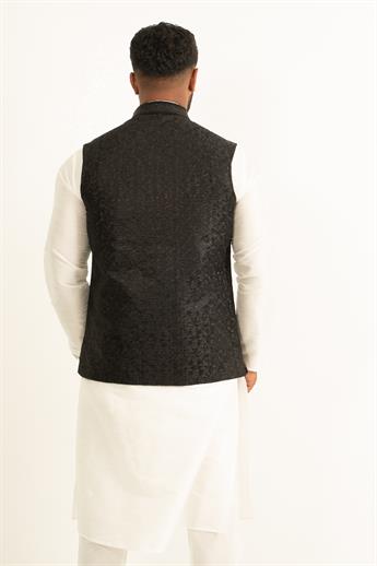 Black Self Embroidered Waistcoat with Hand Embroidery on the Neck