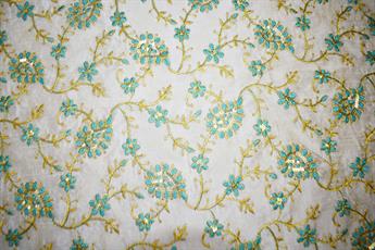 Cream & Turquoise Cotton Embroidered Fabrics