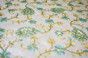 Cream & Turquoise Cotton Embroidered Fabrics