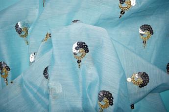 Sky Blue Embroidery on Cotton Organza Fabric.