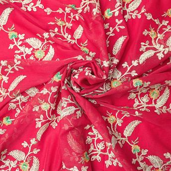 Red Embroidery on Chiffon Fabric