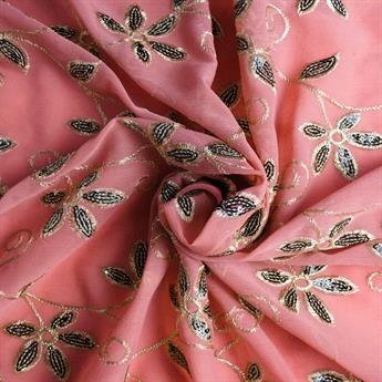 Peach Embroidery on Chiffon Fabric