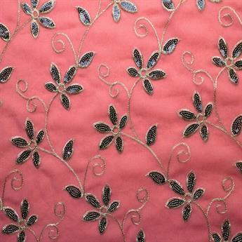 Peach Embroidery on Chiffon Fabric