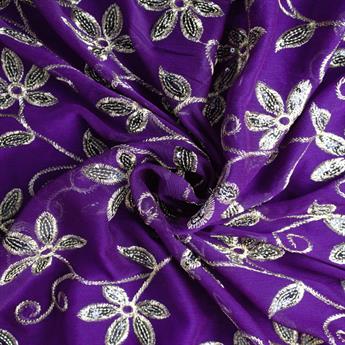 Purple & Blue Embroidery on Chiffon Fabric
