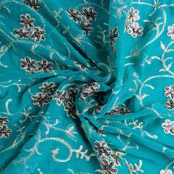 Turquoise Embroidery on Chiffon Fabric