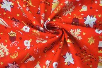 Red Christmas Skating, Tree and Birds Cotton