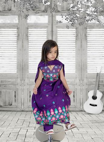 Bright and colourful embroidered cotton suit with matching dupatta and trousers. Colours which are a