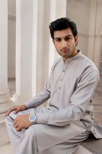 Grey Mens Kurta Shalwar with Simple Self to Embroidery