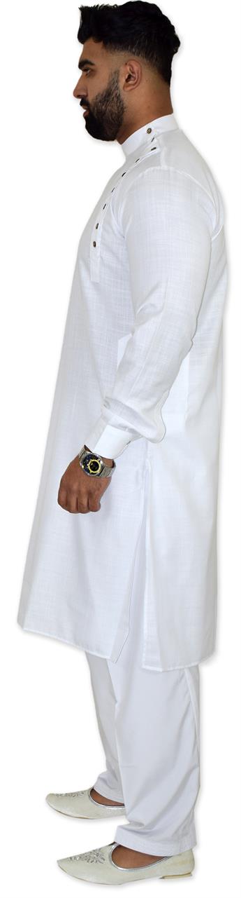 White Kurta Shalwar with Side Button Opening.