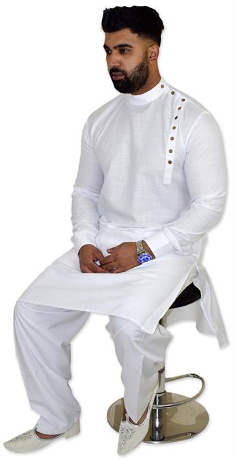 White Kurta Shalwar with Side Button Opening.