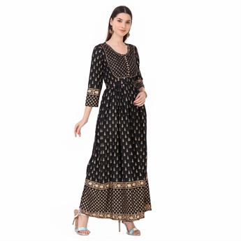 Black 1 PC Off White Women Polka Print Rayon Flared Kurta