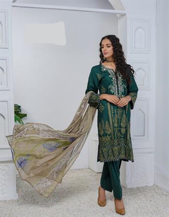Bottle Green Digital Print Chiffon Ladies Readymade