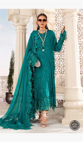 Deep & Sea Green Embroidered Chiffon Ladies Readymade