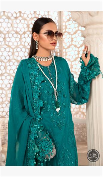 Deep & Sea Green Embroidered Chiffon Ladies Readymade