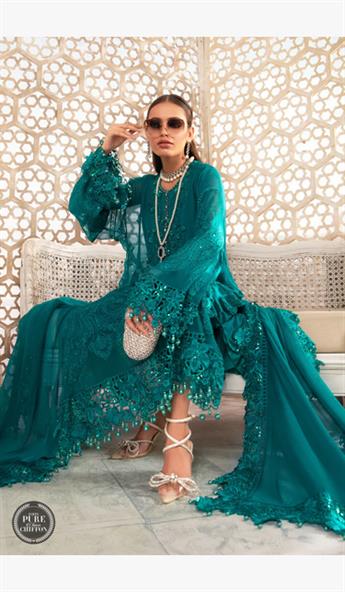 Deep & Sea Green Embroidered Chiffon Ladies Readymade