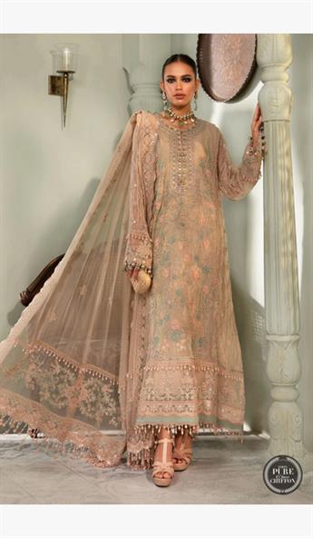 Nude Pink Embroidered Maria. B Chiffon Readymade 3 Piece Stitched Suit