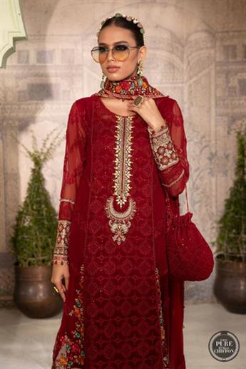 Ruby Red Embroidered Maria. B Chiffon Readymade 3 Piece Stitched Suit