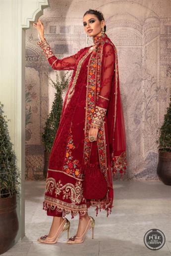 Ruby Red Embroidered Maria. B Chiffon Readymade 3 Piece Stitched Suit