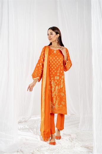 Orange Printed Jacquard Ladies Readymade