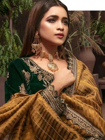 Green & Mustard Embroidered Velvet Ladies Readymade