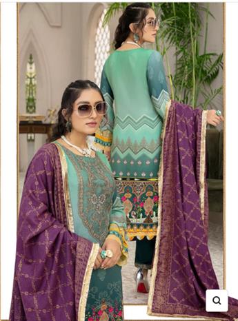 Green Embroidered Linen Stitched Suit with Wool Shawl
