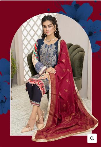 Blue Embroidered Linen Suit with Wool Shawl