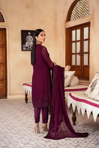 Plum Embroidered Raw Silk Chiffon Chikankari Kameez Stitched Suit