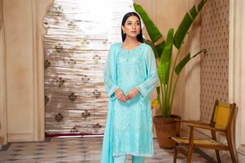 Aqua Blue Mirror Work Raw Silk Chiffon Chikankari Kameez Stitched Suit