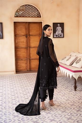 Black Mirror Work Raw Silk Chiffon Chikankari Kameez Stitched Suit