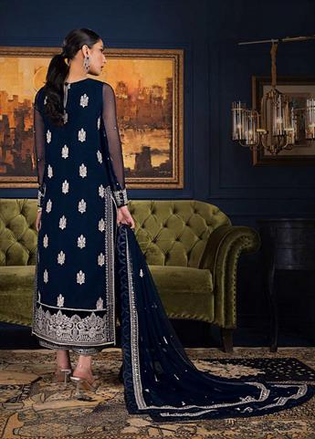 Navy Blue Sequinned Chiffon Designer Velvet with Silk Trouser Stitched Suit