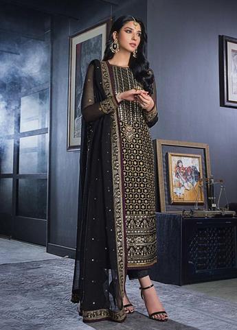 Black Sequinned Chiffon Embroidered Balck Velvet 3 Piece Suit
