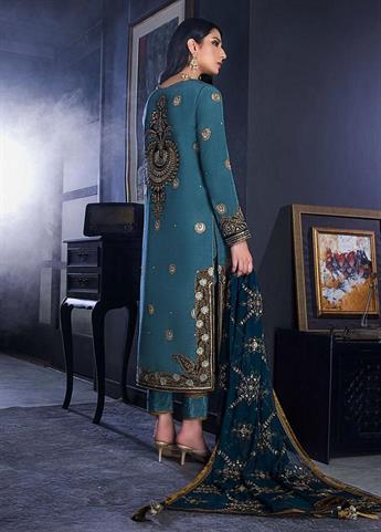 Teal Green Sequinned Chiffon - Pakistani Designer Asim Jofa Suit
