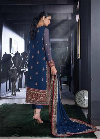 Deep Cobalt Blue Sequinned Pakistani Designer Embroidered Shirt with Chiffon Dupatta