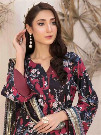 Black & Multicolour Digital Print Chiffon Pakistani Designer – Tawakkal Linen Suit