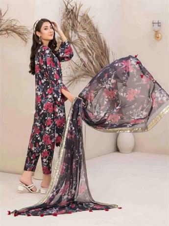 Black & Multicolour Digital Print Chiffon Pakistani Designer – Tawakkal Linen Suit