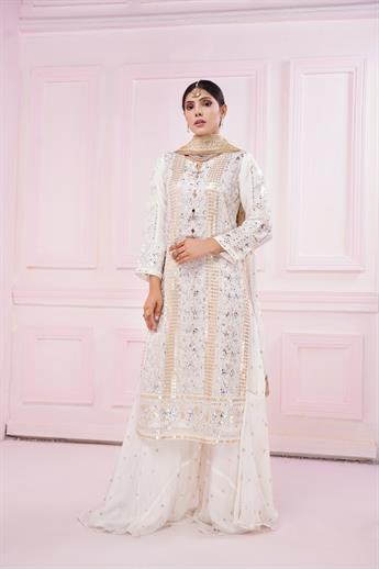 Off White Embroidered Stitched 3 Piece Suit