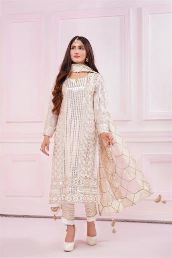 Off White Embroidered Ladies Readymade