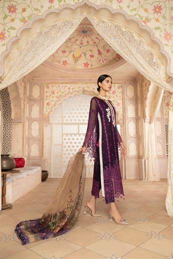 Purple Embroidered Organza Ladies 3 Piece Suit