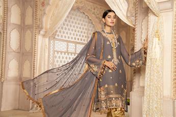 Charcoal Grey Embroidered Chiffon Ladies 3 Piece