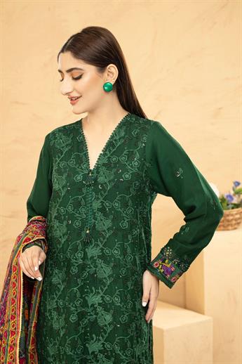 Dark Green & Multicolour Printed Raw Silk Chiffon Chikankari Kameez with Glitter Sequnce Work