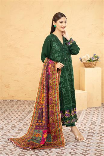 Dark Green & Multicolour Printed Raw Silk Chiffon Chikankari Kameez with Glitter Sequnce Work