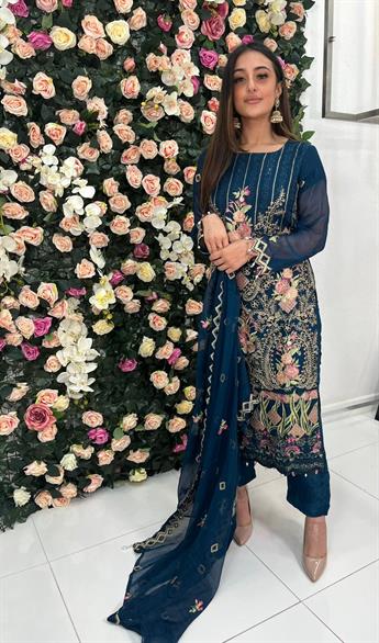 Teal & Pink Sequinned Chiffon 3 Piece Suit